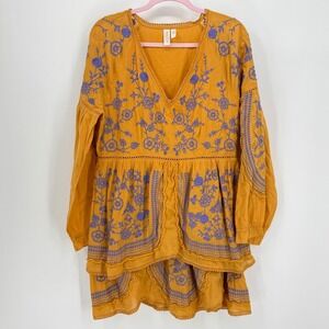 Meadow Rue Anthropologie Mustard Yellow Purple Embroidered Boho Tunic Dress L